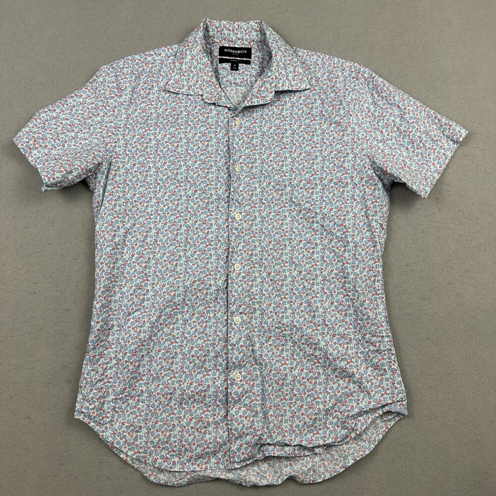 Bonobos Shirt Men Medium Blue Pink Floral Tailored Short Sleeve Button Up M